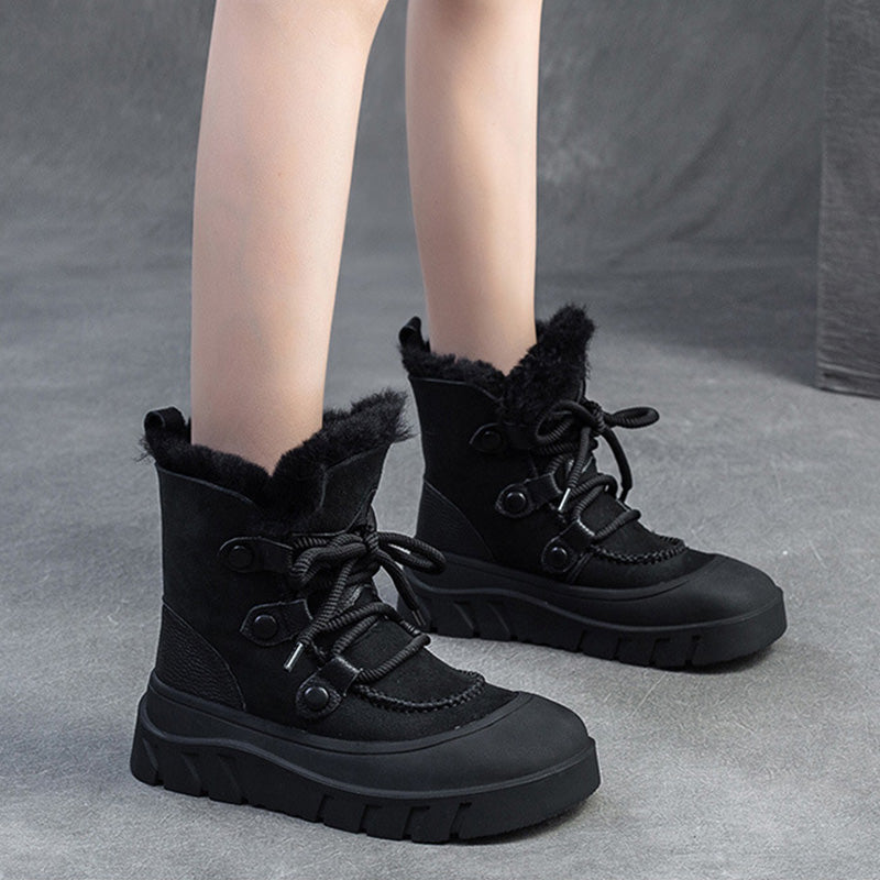 Women Retro Leather Casual Wool Snow Boots-RAIIFY