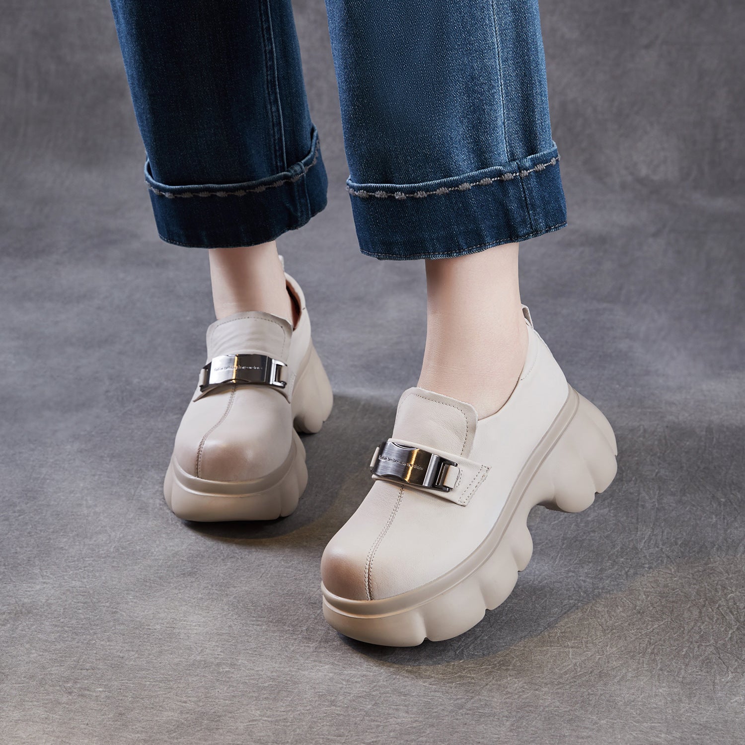 Women Genuine Leather Metal Buckle Platform Wedge Loafers-RAIIFY