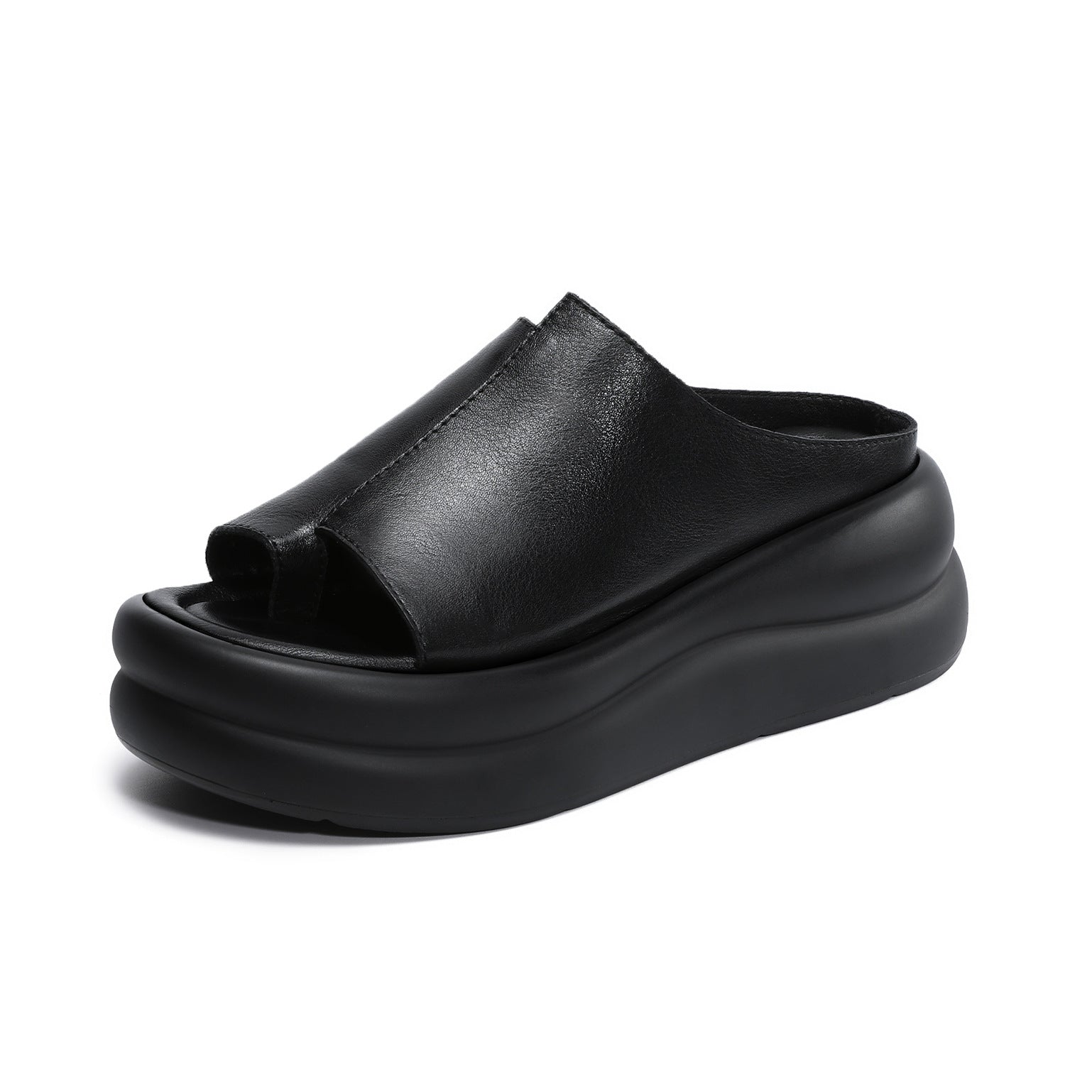 Women's Genuine Leather Retro Thick Sole Wedge Flip-Flop Mules-RAIIFY