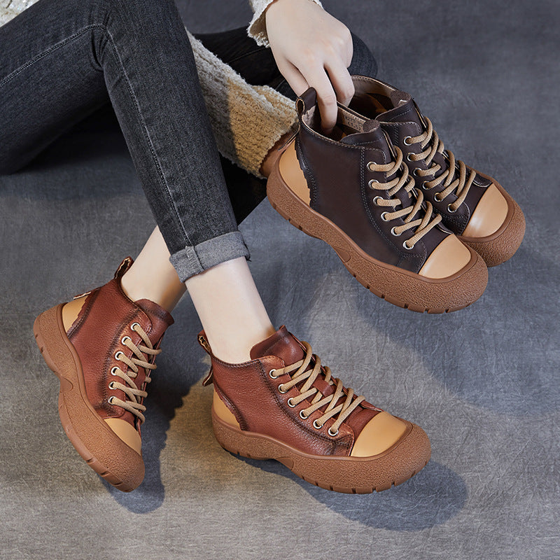 Women Retro Color Matching Leather Casual Ankle Boots-RAIIFY