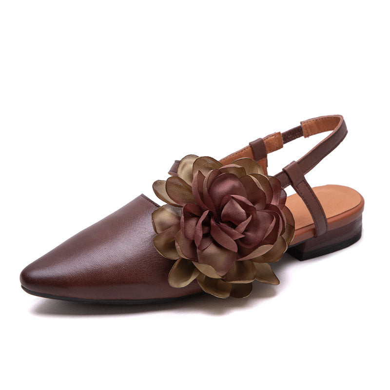 Women Retro Plain Leather Flower Pointed Toe Casual Sandals-RAIIFY