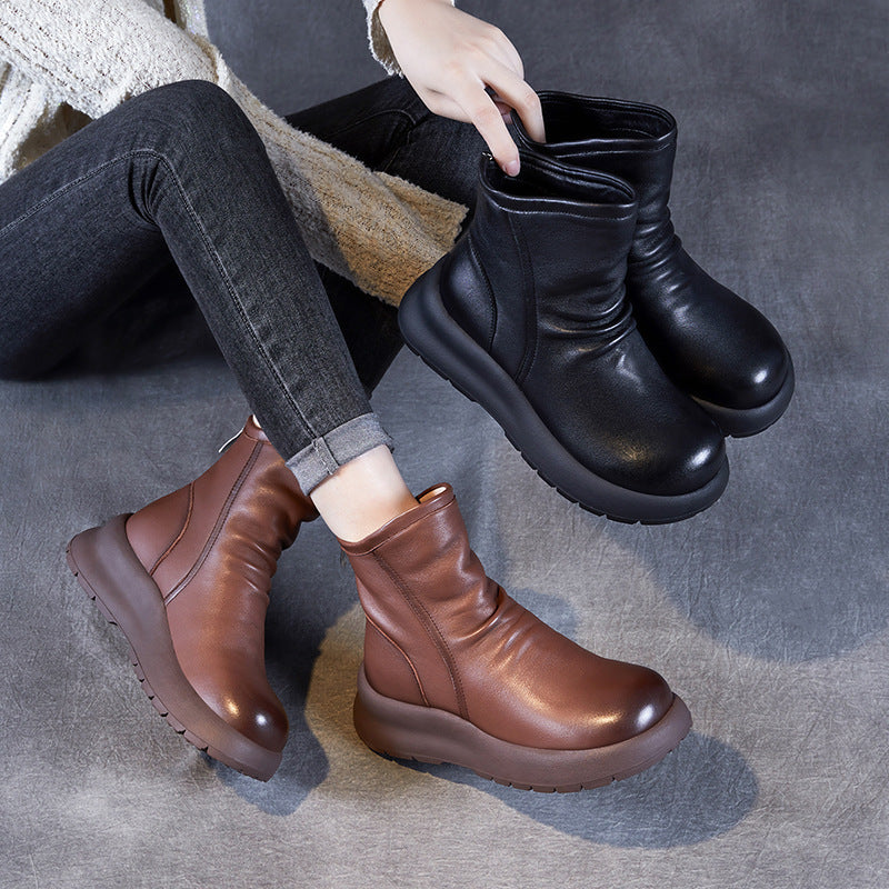 Women Retro Solid Leather Soft Casual Boots-RAIIFY