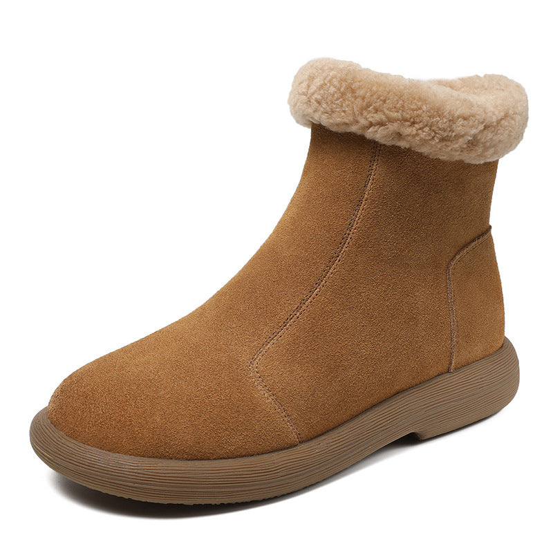 Women Retro Minimalism Solid Suede Flat Snow Boots-RAIIFY