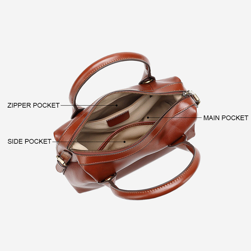 Women's Vintage Plain Leather Casual Boston Bag