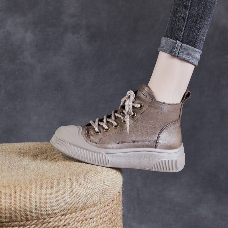 Women Fashion Solid Leather Lace-up Ankle Boots-RAIIFY