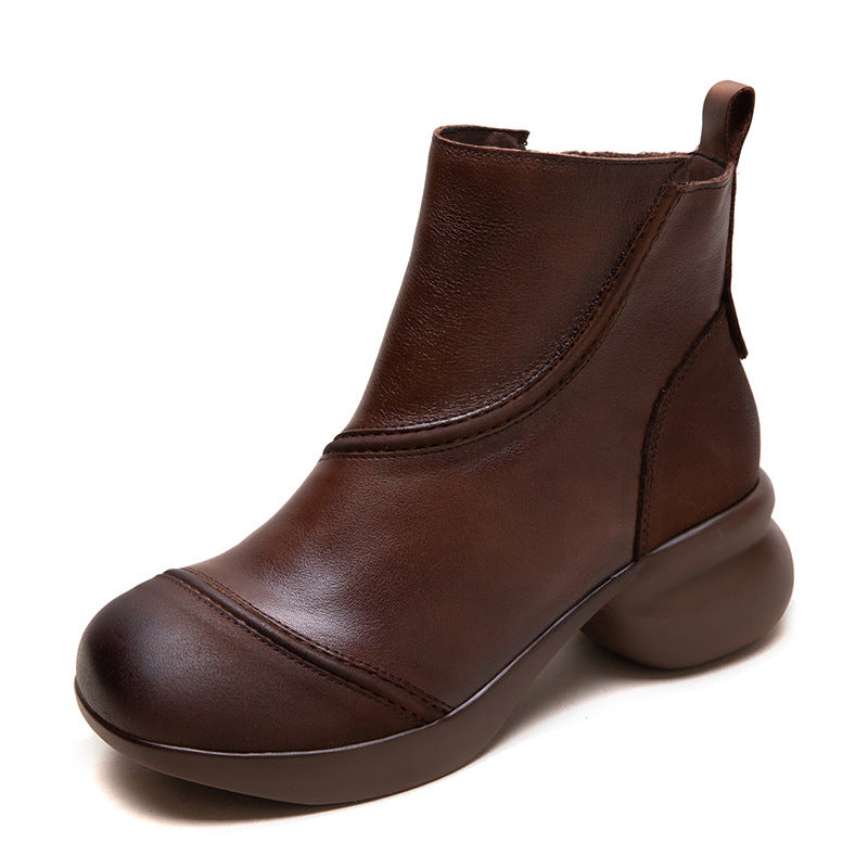 Women Vintage Solid Leather Low Block Ankle Boots-RAIIFY