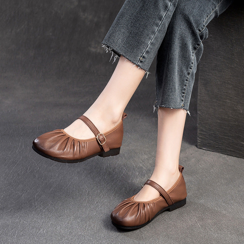 Women Retro Pleated Leather Soft Casual Flats-RAIIFY