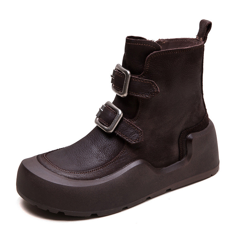 Women Retro Solid Leather Buckle Platform Boots-RAIIFY