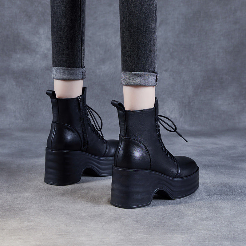 Women Vintage Solid Leather Chunky Platform Boots-RAIIFY