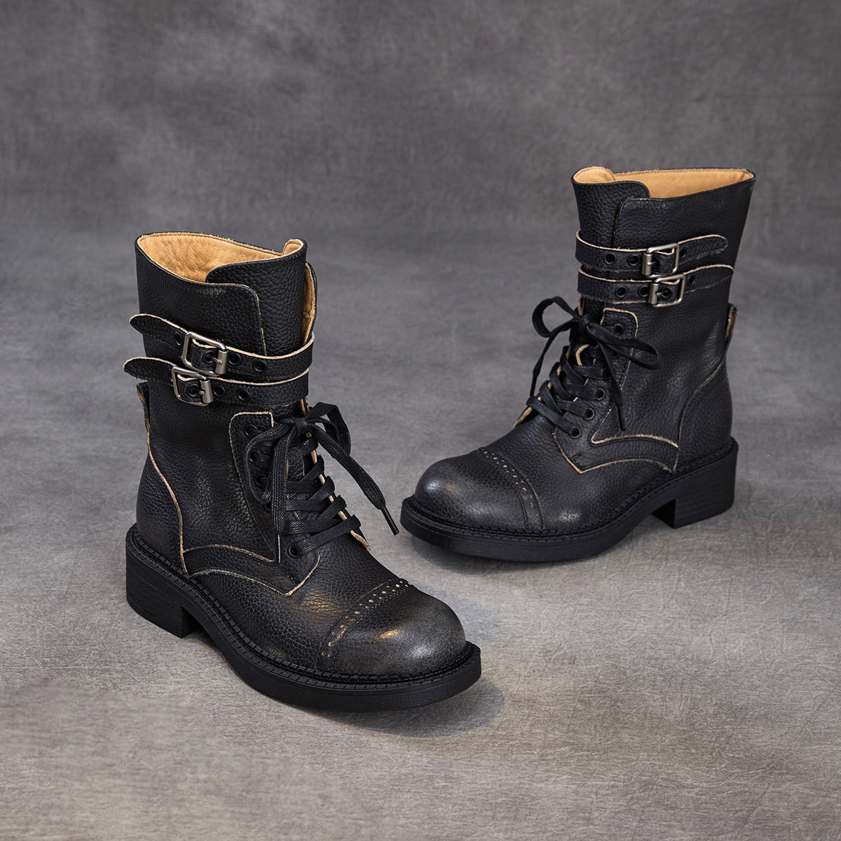 Women's Vintage Leather Buckle Motorcycle Boots-RAIIFY