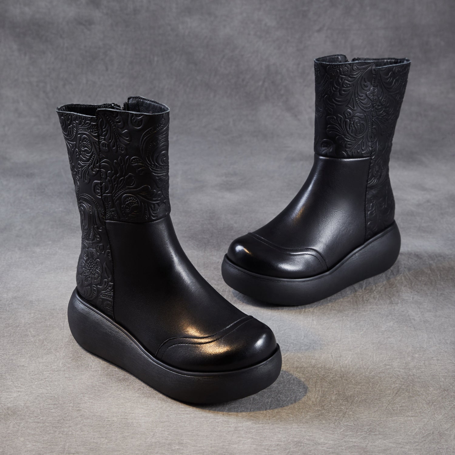 Women's Vintage Embossed Leather Furred Platform Boots-RAIIFY