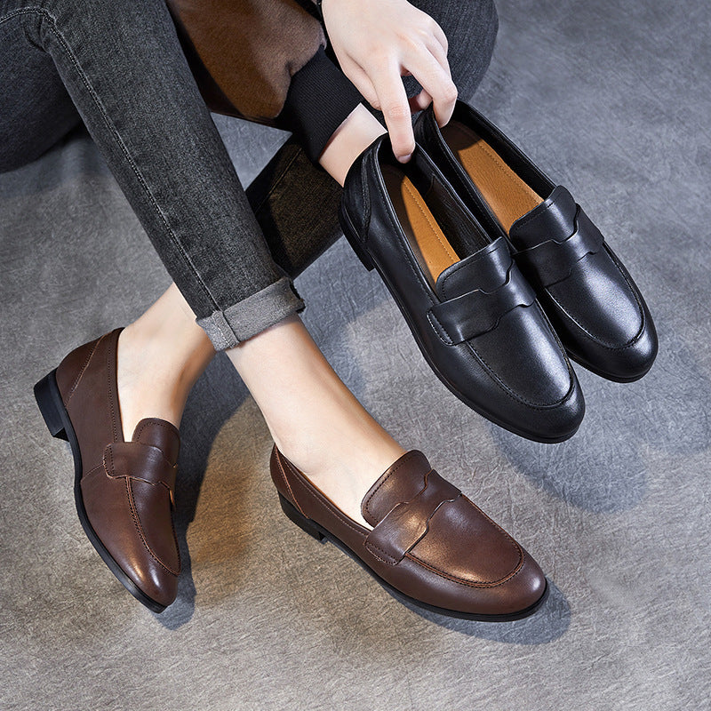 Women Retro Solid Leather Flat Casual Work Loafers-RAIIFY