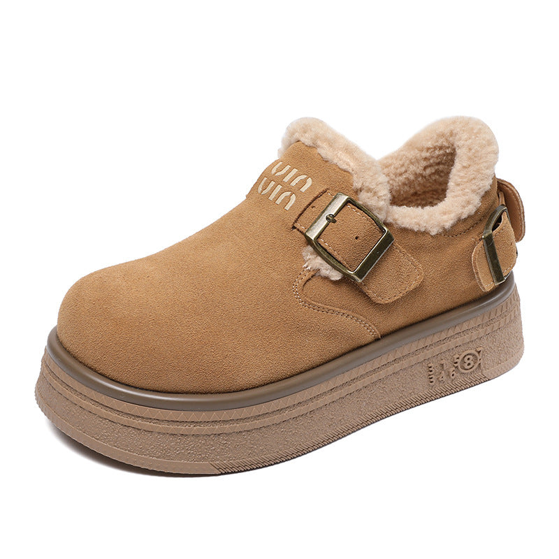 Women Retro Solid Leather Furred Casual Shoes-RAIIFY