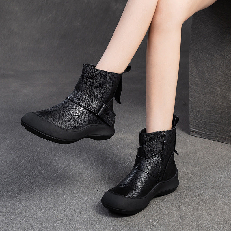 Women Minimalism Solid Leather Furred Ankle Boots-RAIIFY