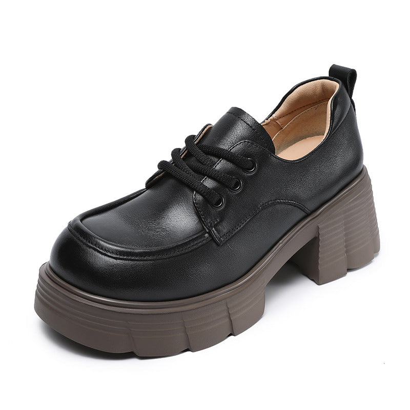 Women Retro Solid Leather Chunky Heel Loafers-RAIIFY