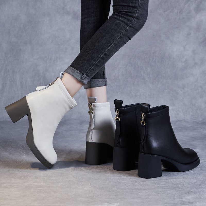 Women Fashion Solid Leather Elegant Chunky Heel Ankle Boots-RAIIFY