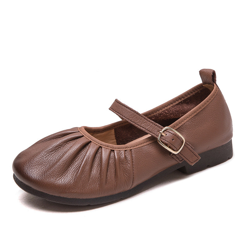 Women Retro Pleated Leather Soft Casual Flats-RAIIFY