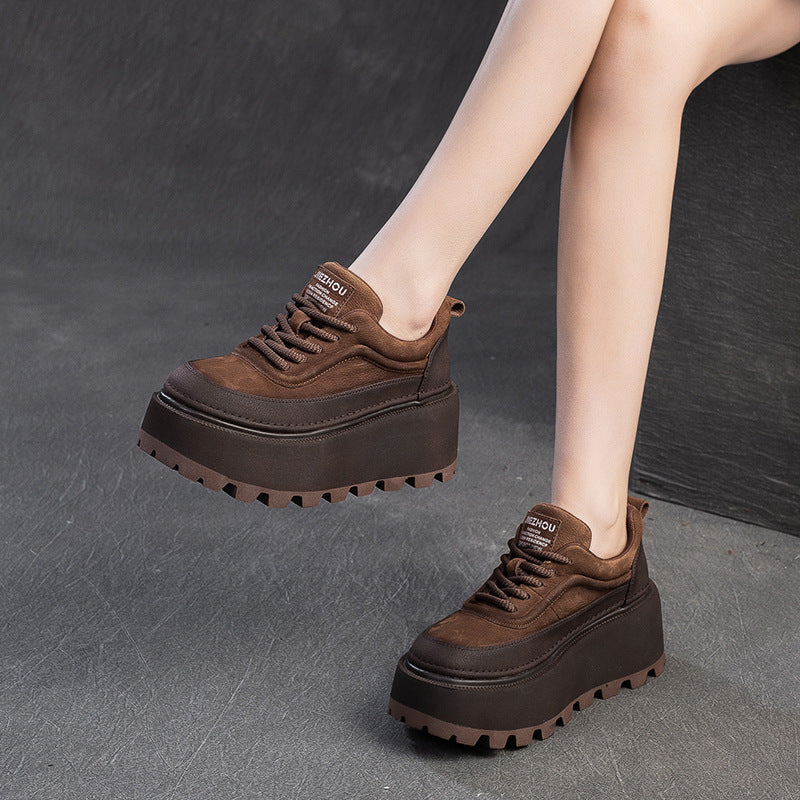 Women Retro Leather Chunky Platform Casual Shoes-RAIIFY