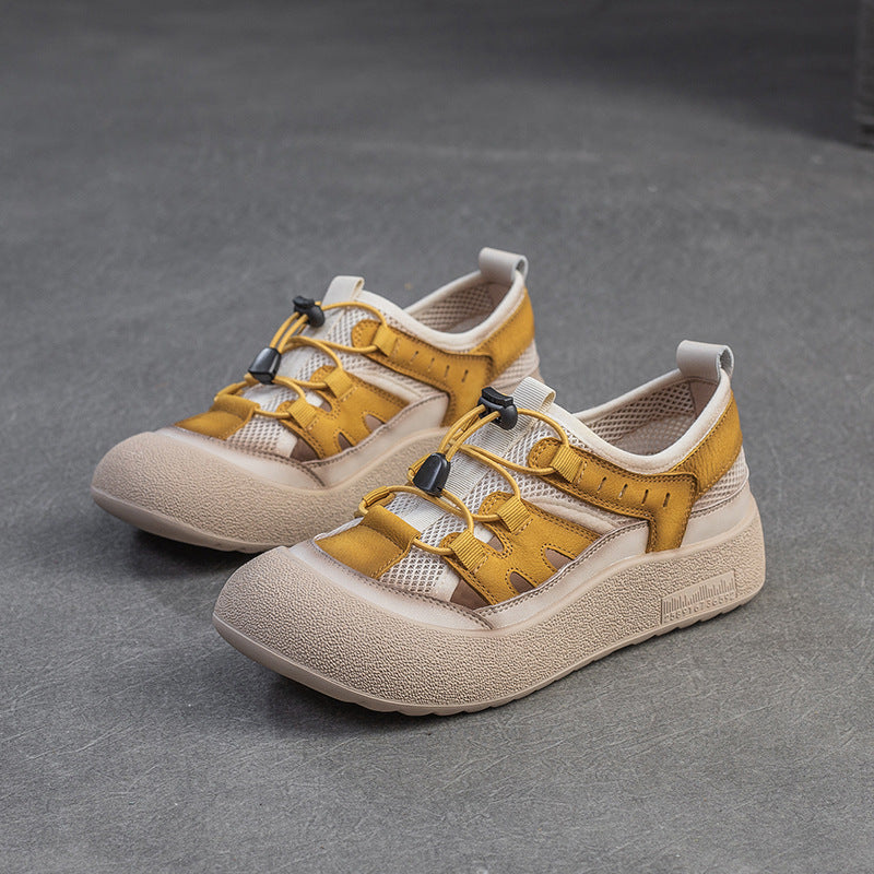 Women Hollow Mesh Leather Elastic Lace Casual Shoes-RAIIFY