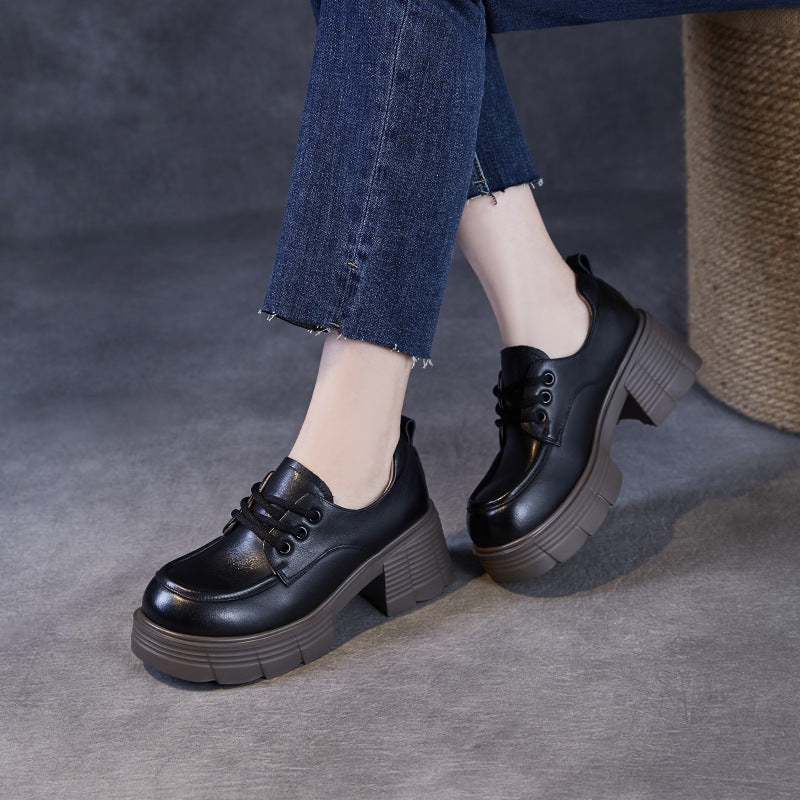 Women Retro Solid Leather Chunky Heel Loafers-RAIIFY