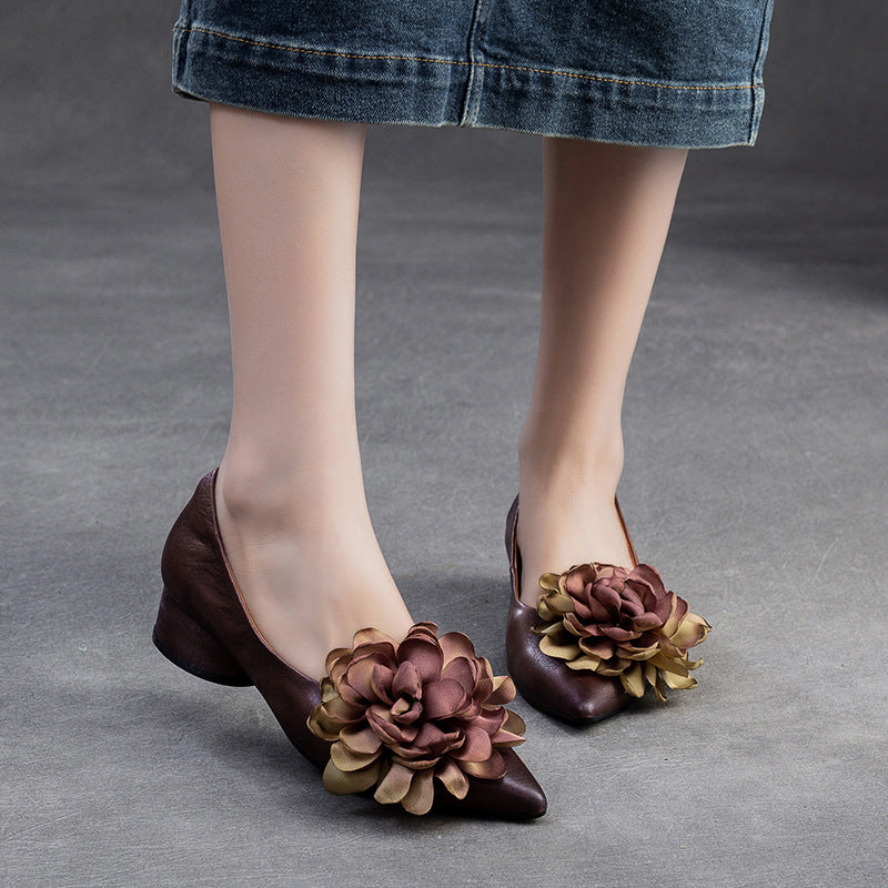 Women Retro Casual Flower Leather Low Block Pumps-RAIIFY