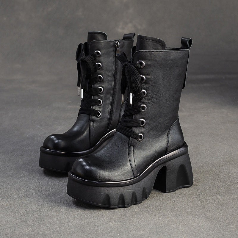 Women's Vintage Leather Chunky Platform Mid-Calf Boots-RAIIFY