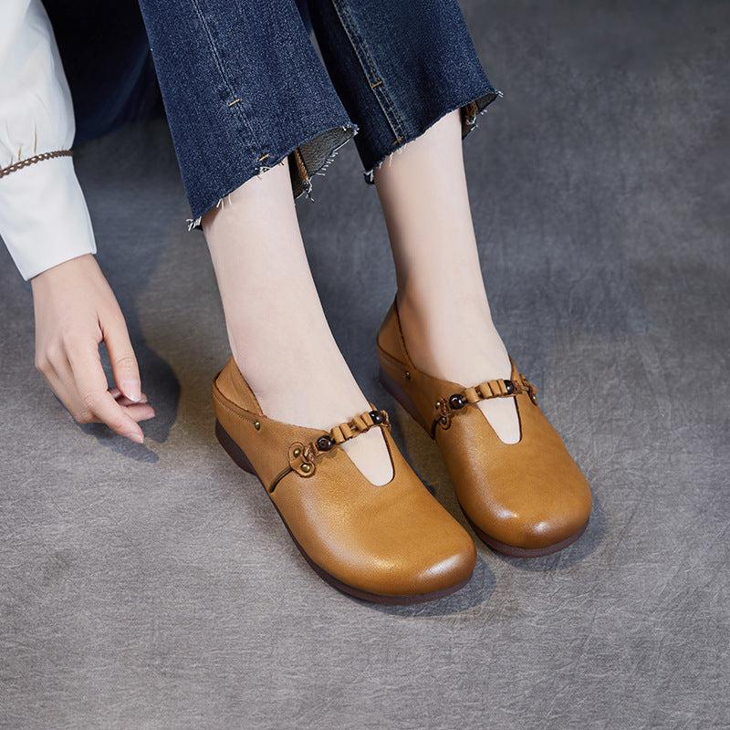 Women Vintage Plain Soft Leather Casual Flats-RAIIFY