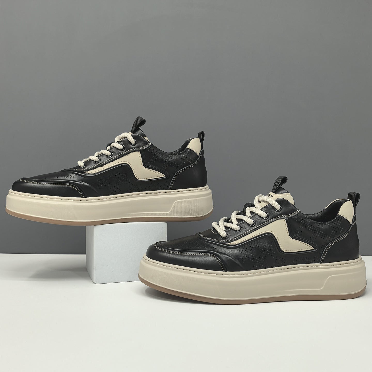 Men's Genuine Leather Hollow Out Breathable Thick Sole Sneakers-RAIIFY
