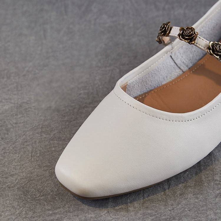 Women Genuine Leather Square Toe Low Heel Mary Jane Shoes-RAIIFY
