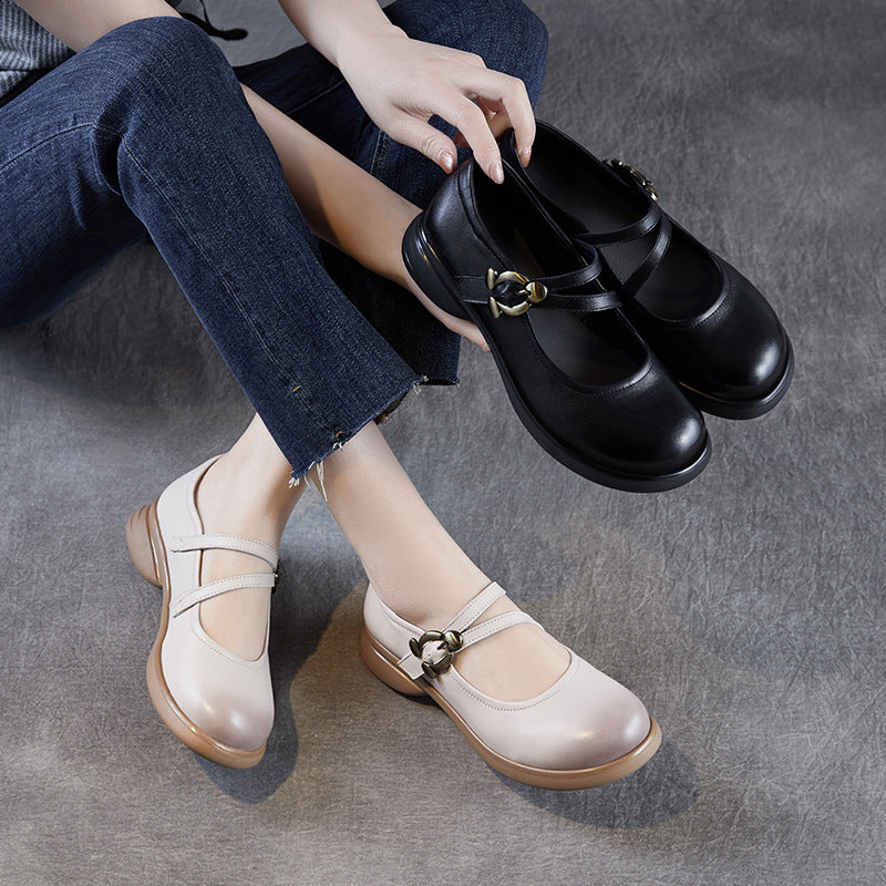 Women Low Top Leather Casual Mary Jane Shoes-RAIIFY