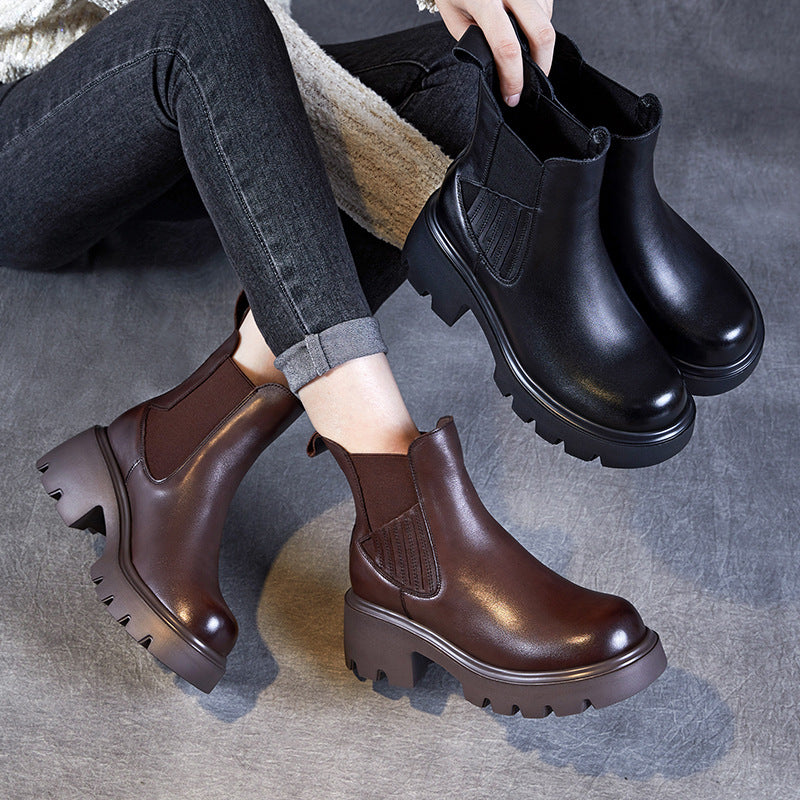 Women Vintage Solid Leather Platform Casual Boots-RAIIFY