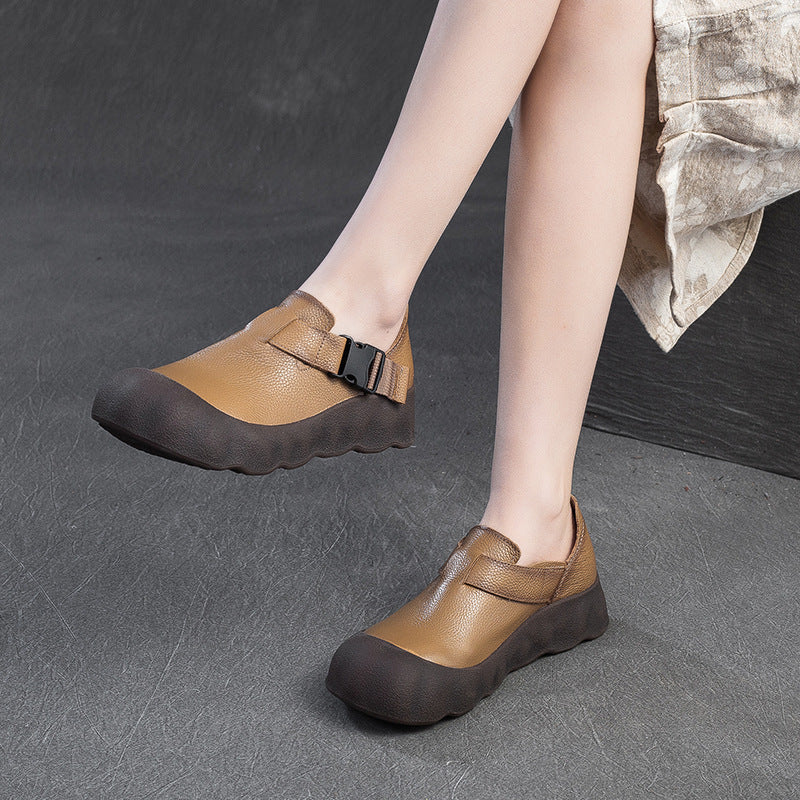 Women Vintage Plain Leather Buckle Soft Casual Shoes-RAIIFY