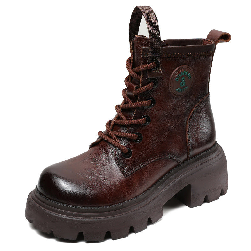 Women Vintage Leather Thick Soled Combat Boots-RAIIFY