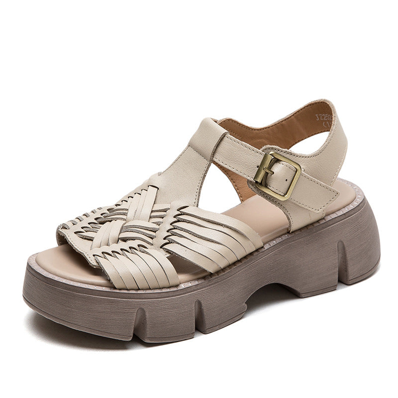 Women Retro Plaited Leather Platform Casual Sandals-RAIIFY