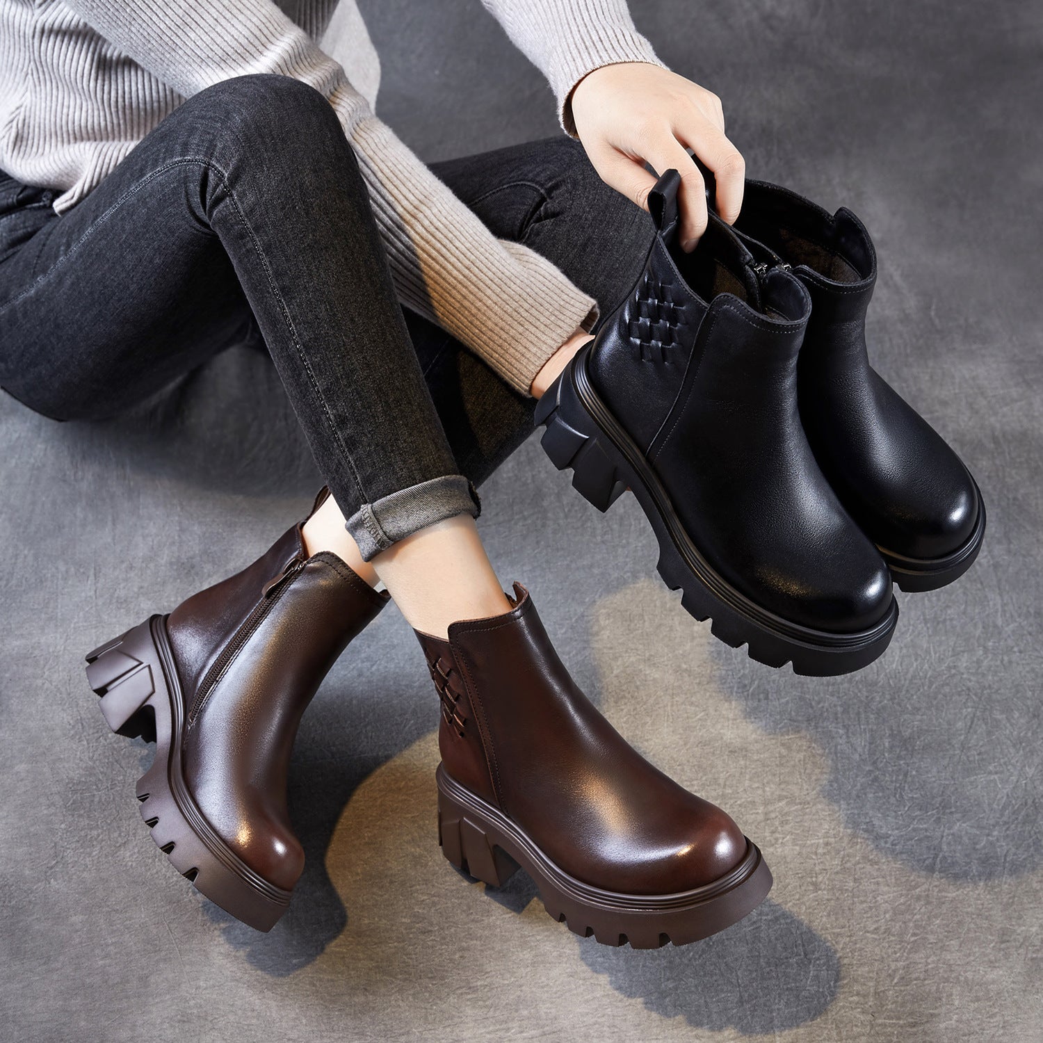 Women's Minimalist Woven Plain leather Platform Ankle Boots-RAIIFY