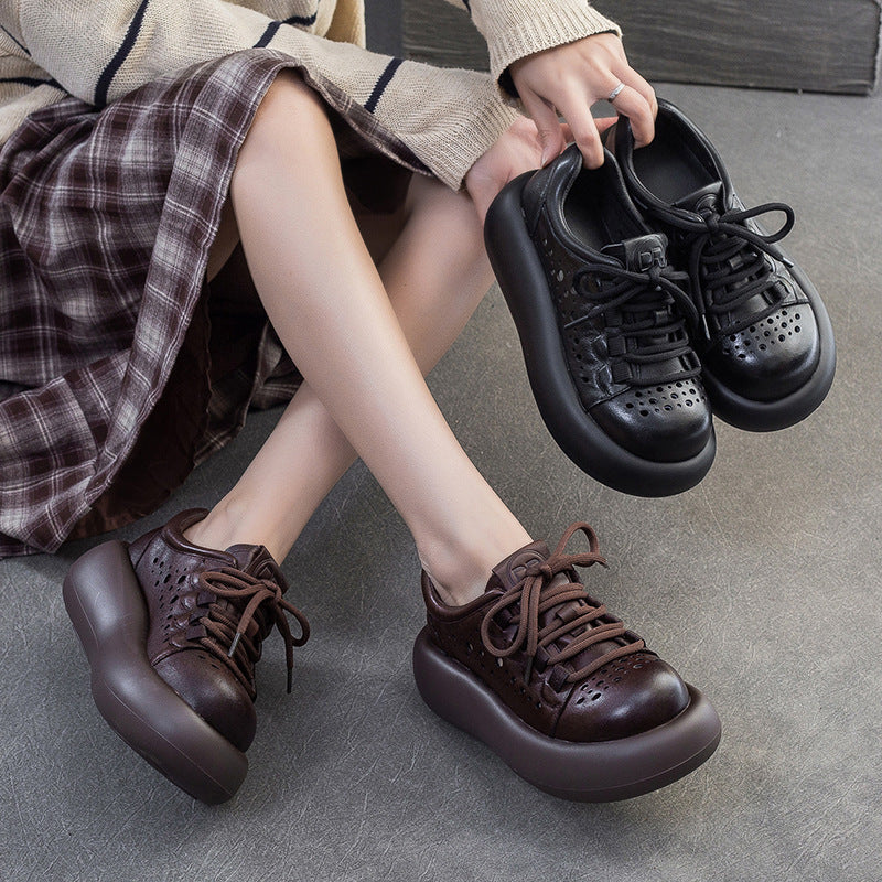 Women Plain Hollow Leather Platform Casual Shoes-RAIIFY