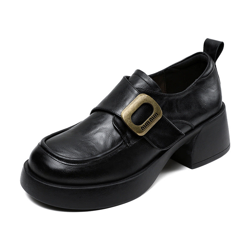 Women Vintage Soft Leather Chunky Heel Casual Loafers-RAIIFY