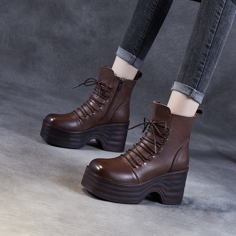 Women Vintage Solid Leather Chunky Platform Boots-RAIIFY