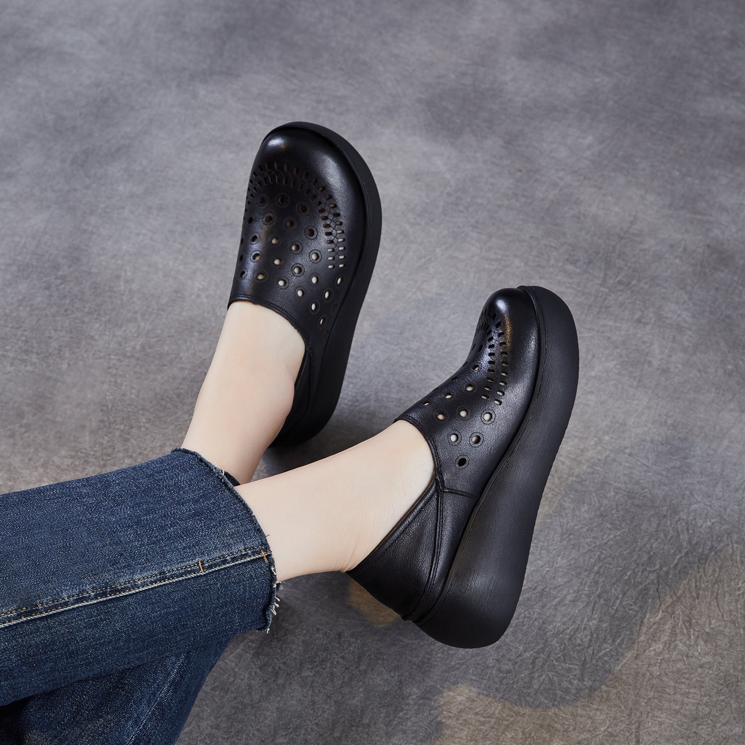 Women Genuine Leather Hollow Out Wedge Heel Summer Sandals-RAIIFY