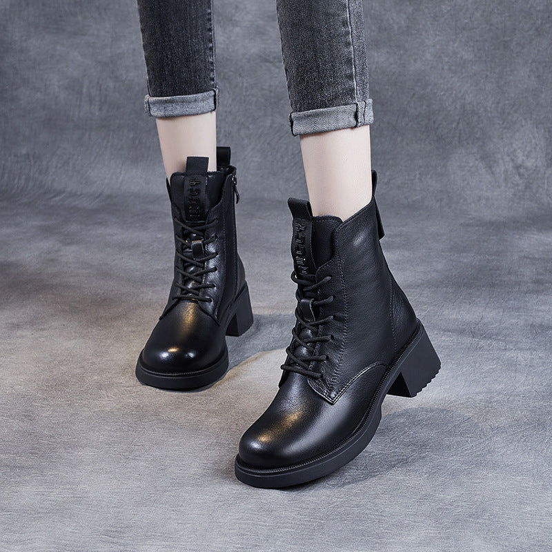 Women Vintage Soft Leather Low Block Boots-RAIIFY