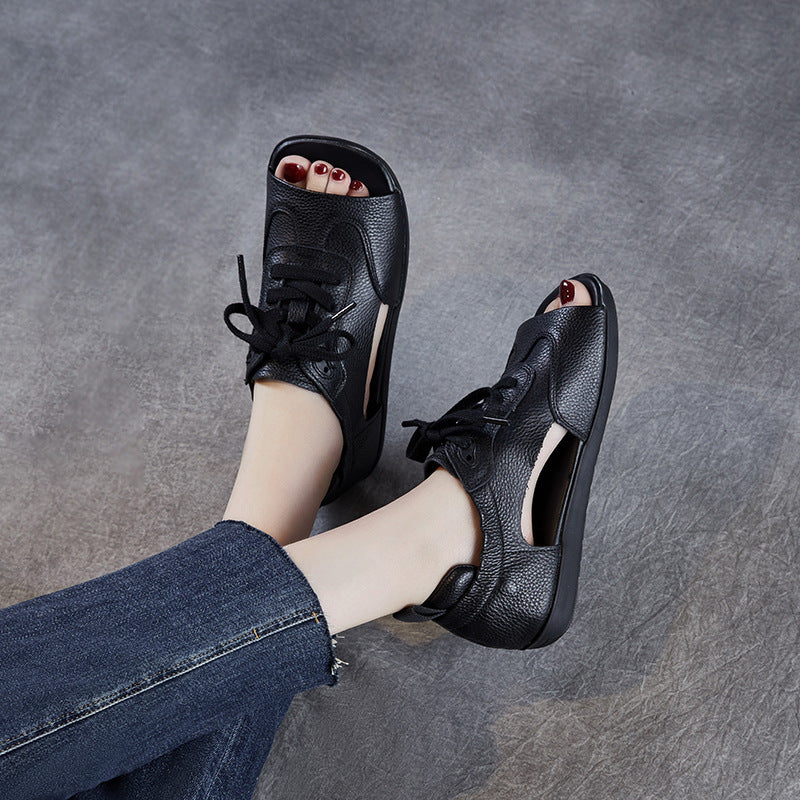 Women's Genuine Leather Retro Soft Sole Lace Up Sandals-RAIIFY
