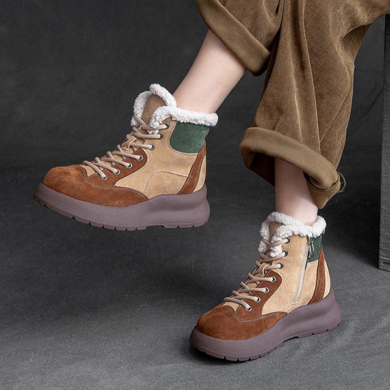 Women Retro Color Matching Leather Ankle Snow Boots-RAIIFY