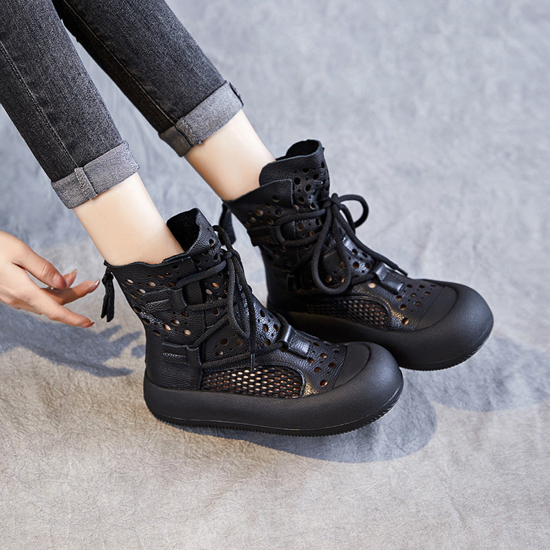 Women Retro Plain Hollow Leather Mesh Casual Boots-RAIIFY