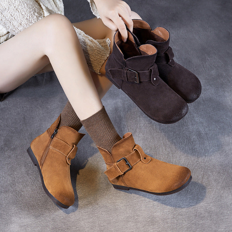 Women Vintage Fashion Leather Buckle Flat Ankle Boots-RAIIFY