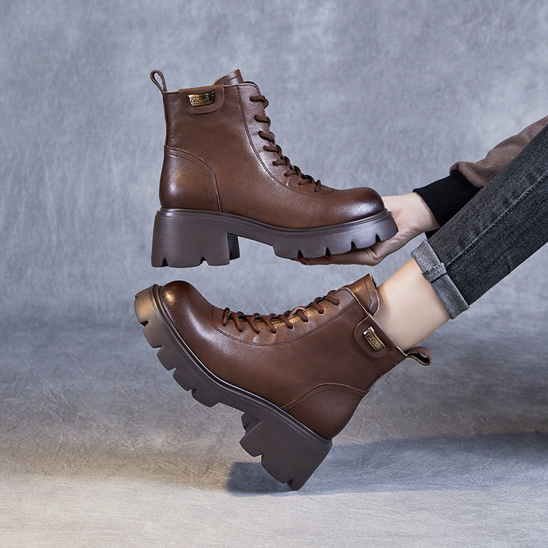 Women's Casual Plain Leather Platform Boots-RAIIFY