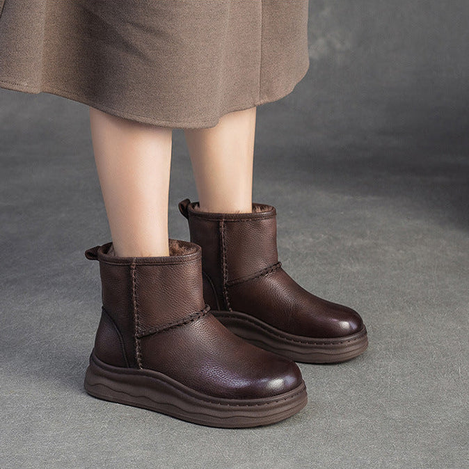 Women's Minimalist Leather Furred Slip-on Snow Boots-RAIIFY