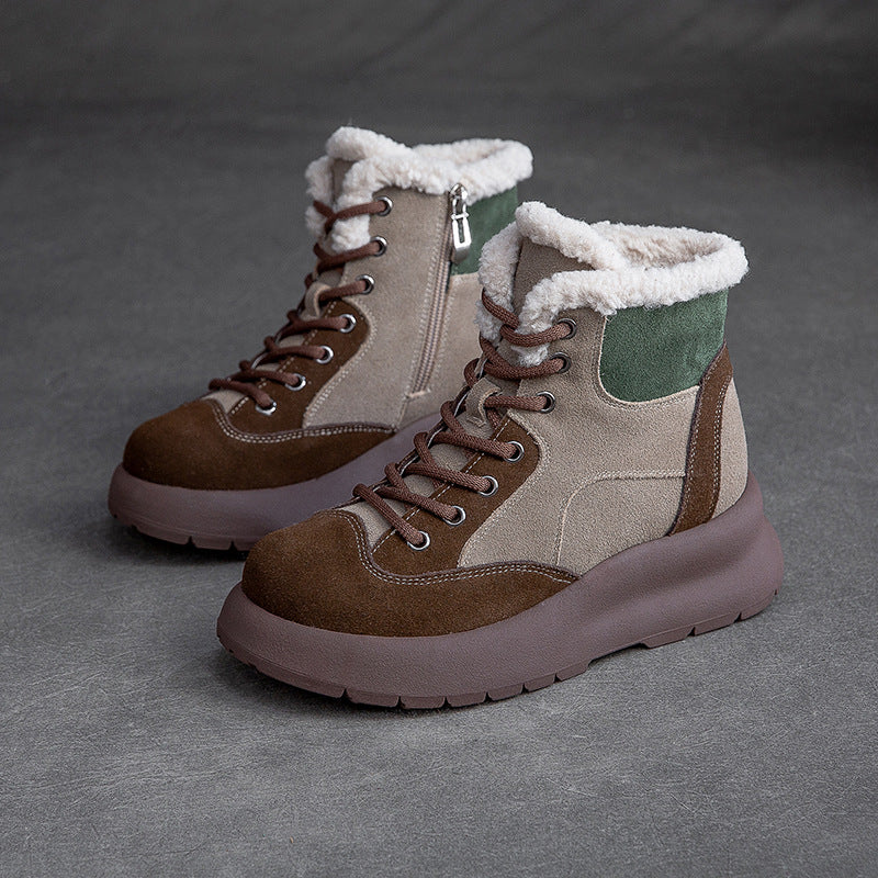 Women Retro Color Matching Leather Ankle Snow Boots-RAIIFY