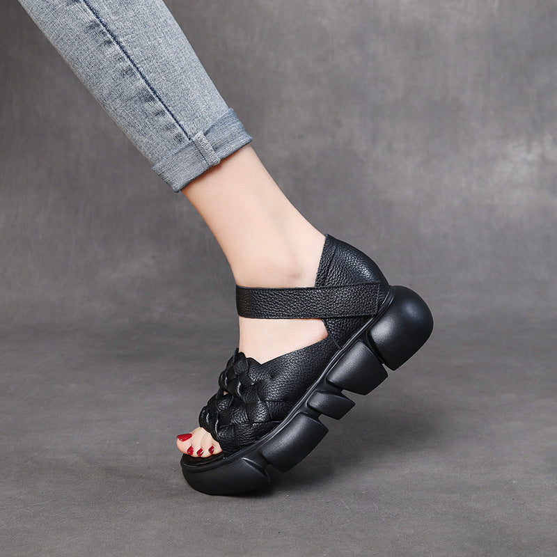 Women Retro Plaited Leather Casual Platform Sandals-RAIIFY