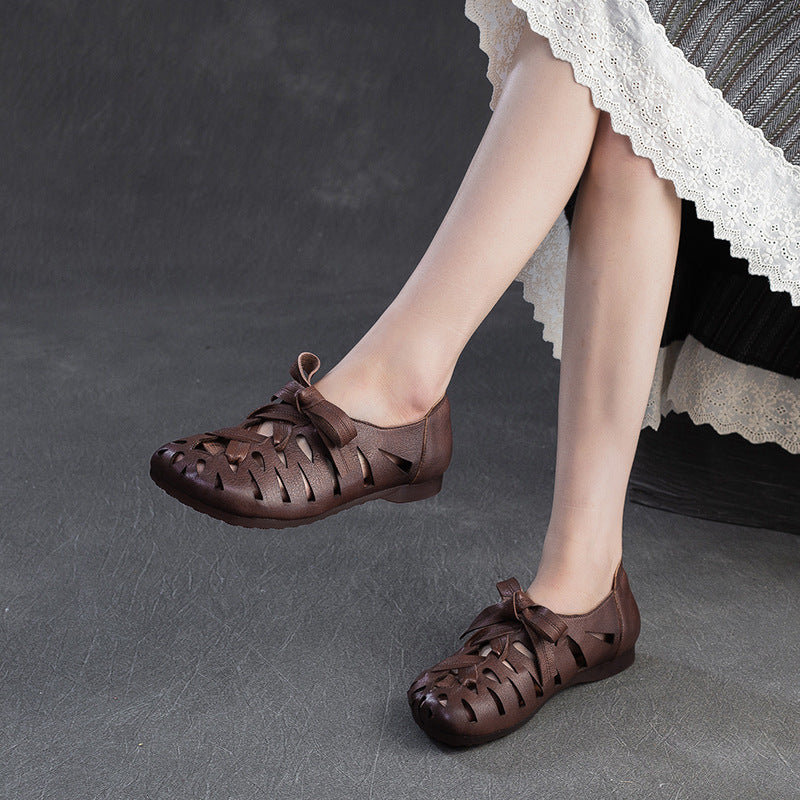 Women Retro Hollow Leather Soft Summer Flats-RAIIFY