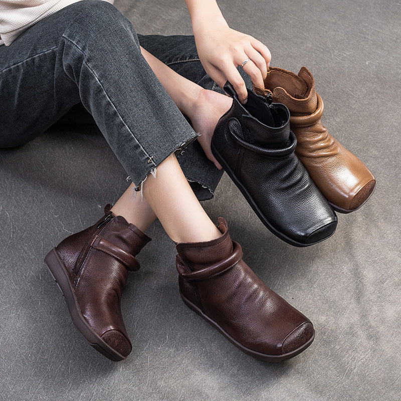 Women Vintage Leather Flat Ankle Boots-RAIIFY